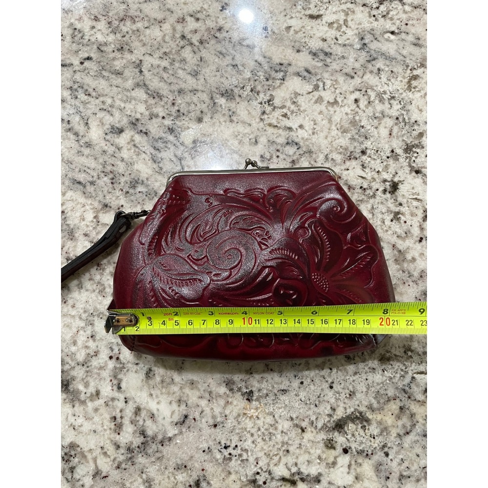 Patricia Nash Burgundy Tooled Leather Kiss Lock Wristlet Clutch Bag Floral - Picture 3 of 6